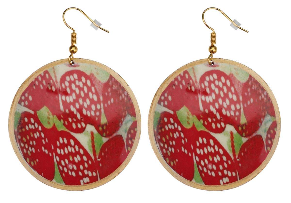 2.5” Pair of Round Hook Earrings in Brass - Red Abstract Pattern - Drop Earrings / Women Fashion Jewelry - Buy in Bulk Wholesale